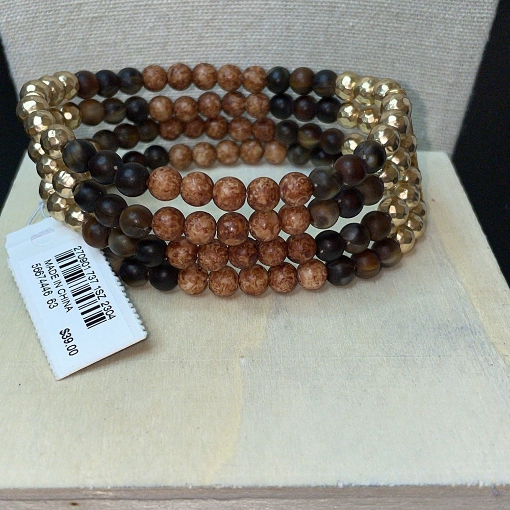 NWT J.Jill natural tone and gold tone beads stretch bracelet - Picture 3 of 4